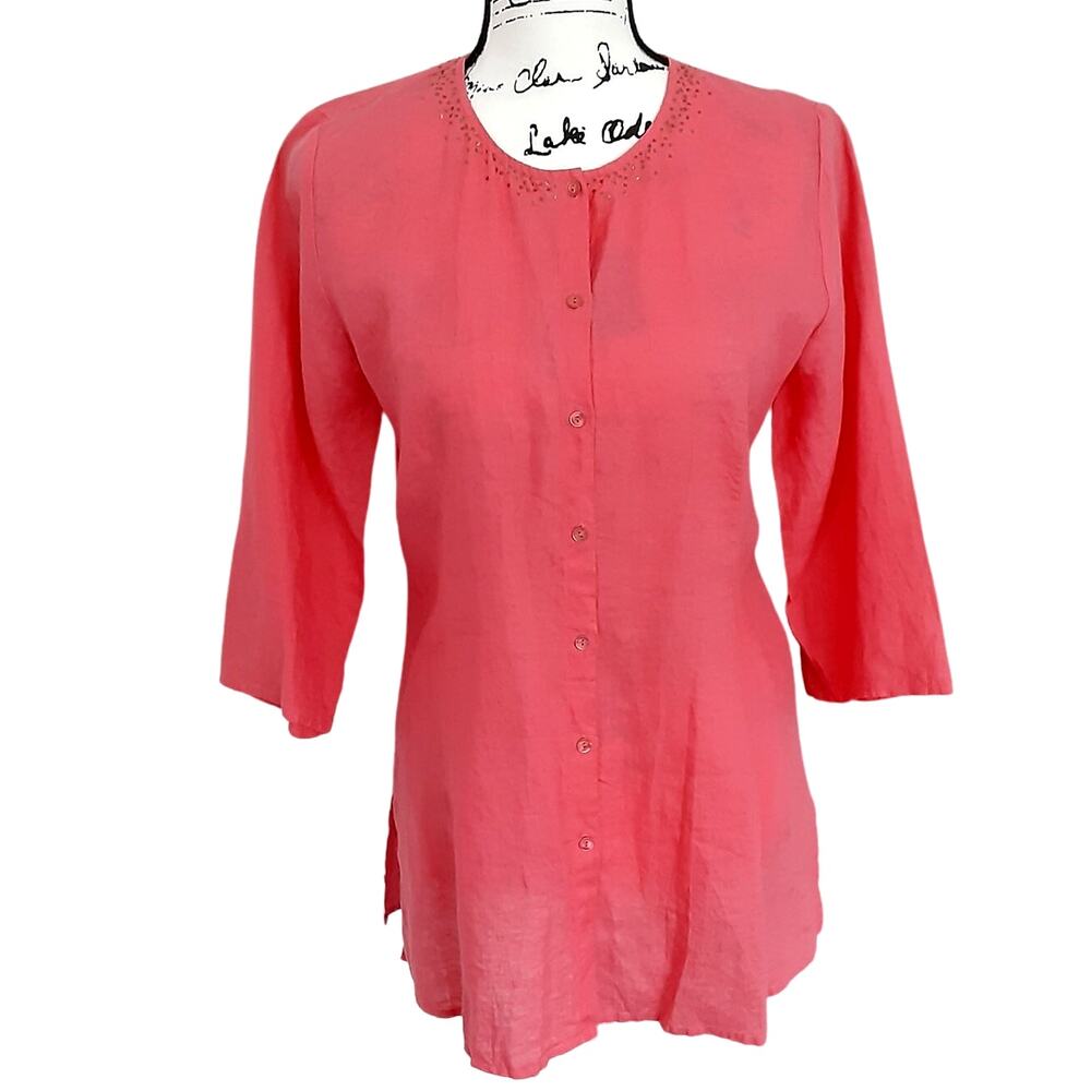 Eileen Fisher 100% Irish Linen Tunic Top Beaded Embellished 3/4 Sleeve Womens M